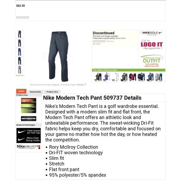 Nike Mens McIlroy ModernTech Tour Performance Dri-Fit Golf Pants 509737 35x30 Gn - Picture 8 of 13